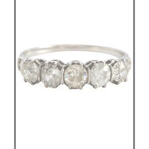 Edwardian Old Cushion Mine Cut Five Diamond Stone Hoop Ring Size 5